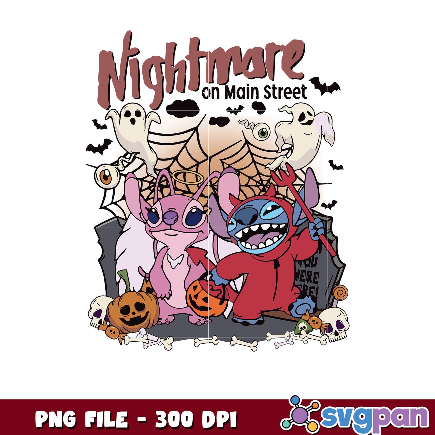 Stitch and angel nightmare on main street png, halloween season png, scary monster png