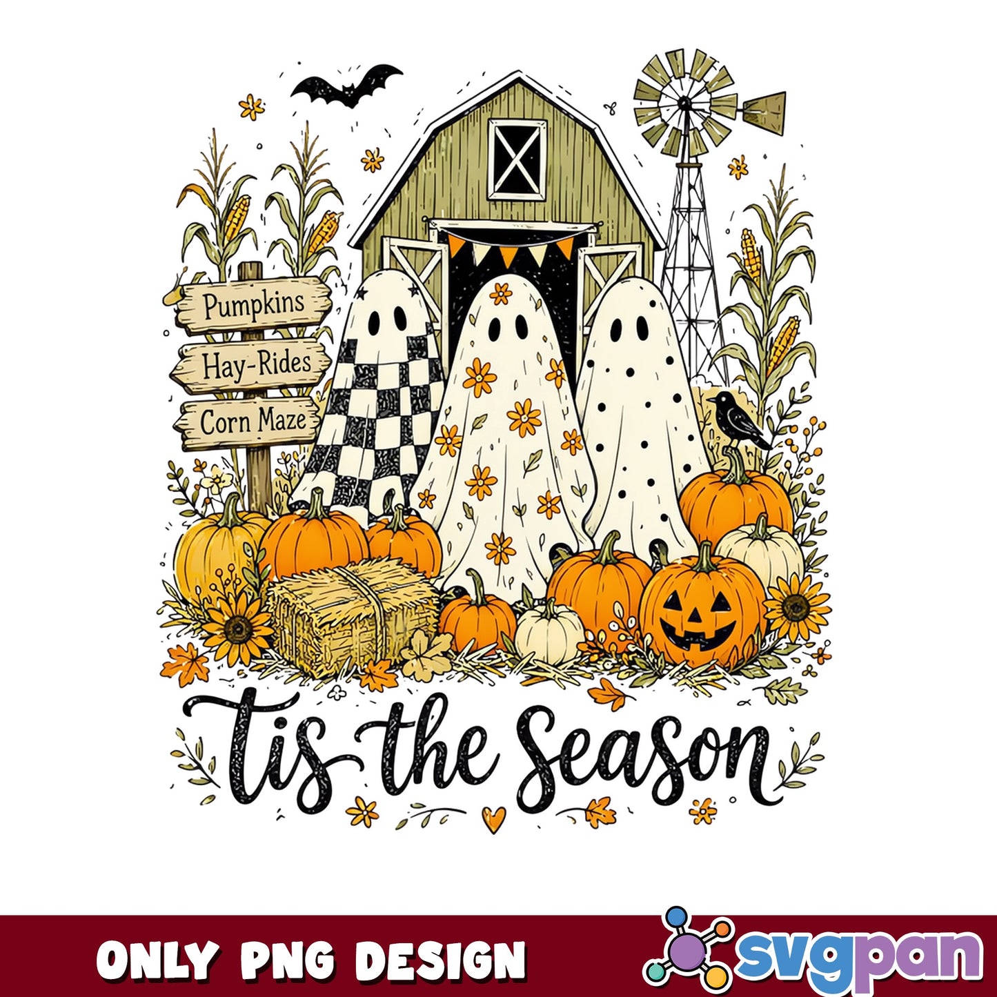 Tis The Season Halloween Ghost PNG, Fall Farm Pumpkin PNG, Halloween PNG