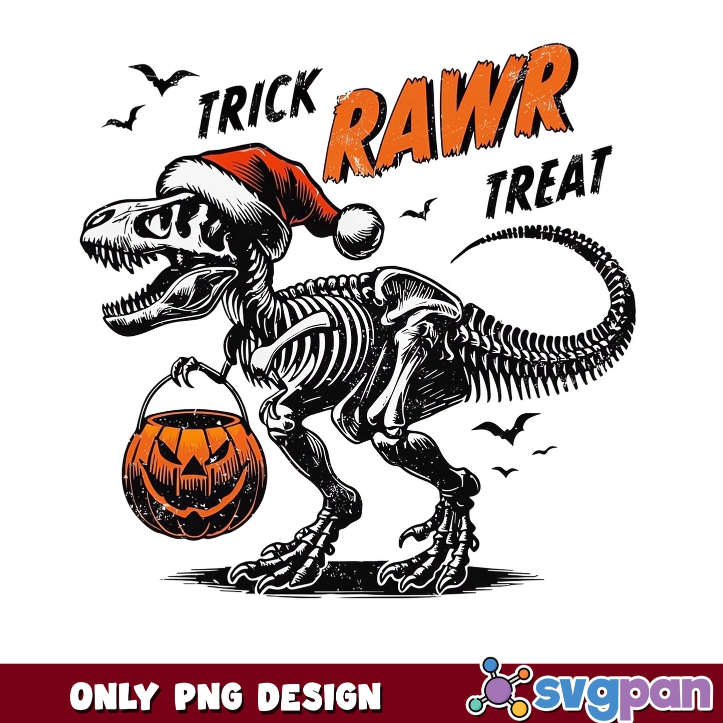 Trick Rawr Treat Dinosaur Skeleton PNG, Halloween PNG, T-Rex PNG
