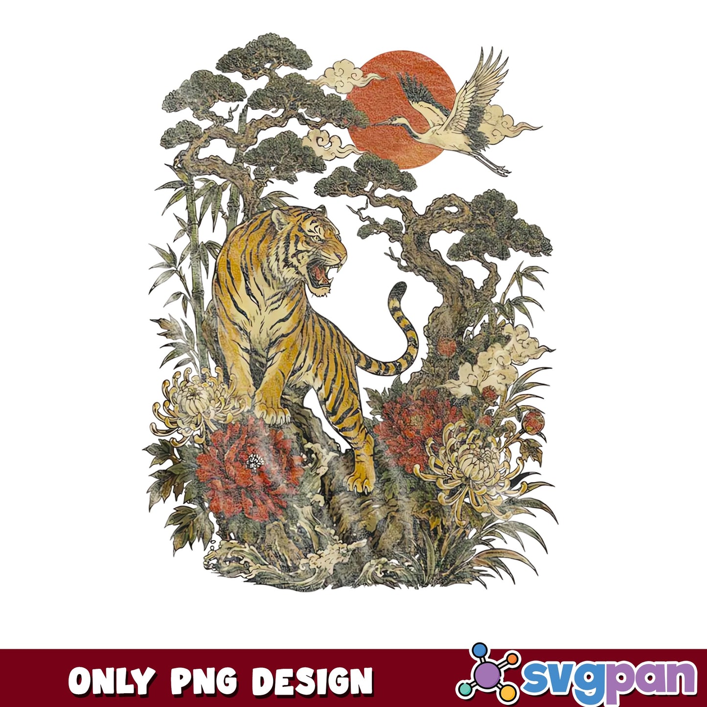 Vintage Tiger Japanese Art PNG, Crane Red Sun Design, Floral Asian PNG