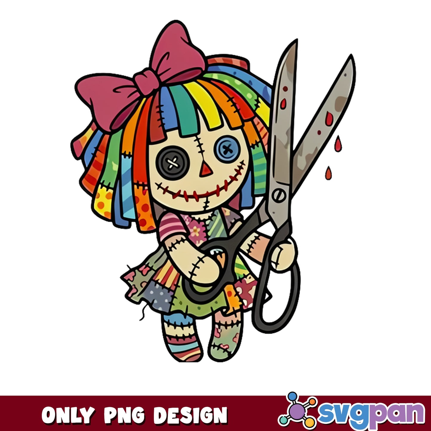 Voodoo Doll Rainbow Hair Halloween PNG, Creepy Doll PNG, Spooky PNG
