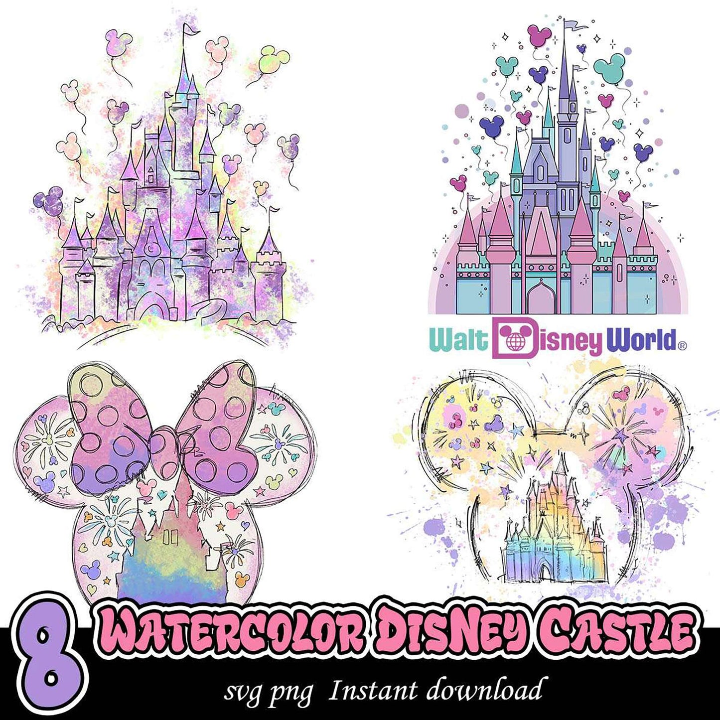Watercolor Disney Castle Bundle SVG PNG