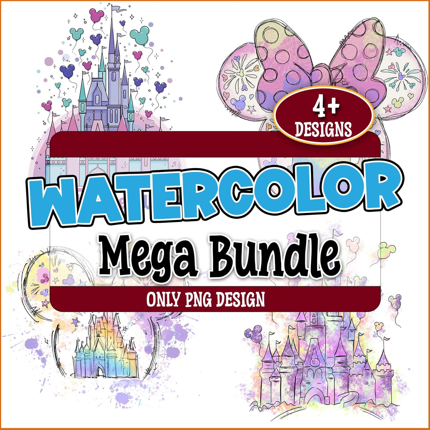 Watercolor disney castle png bundle