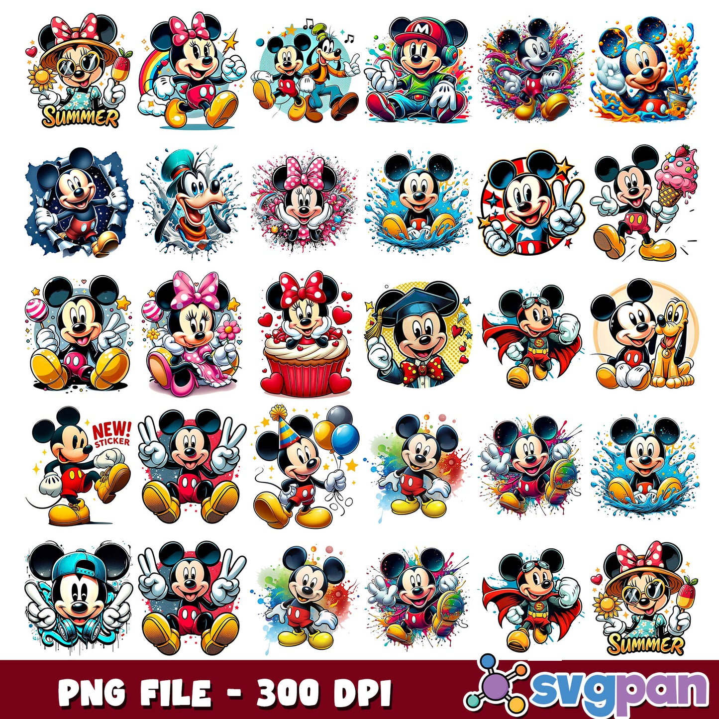 Watercolor style mickey mouse png bundle