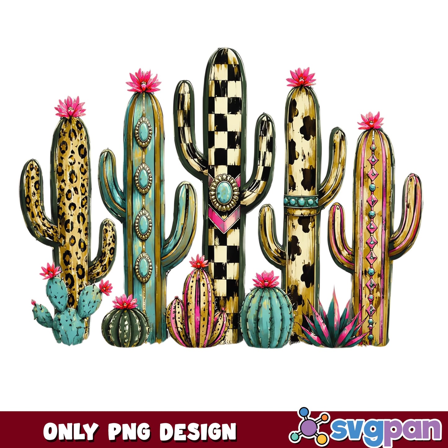 Western Cactus Bundle PNG, Boho Leopard Cactus PNG, Cowgirl PNG