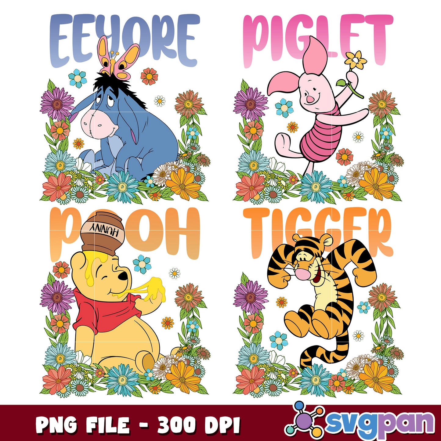 Winnie the Pooh Floral PNG Bundle 300 DPI