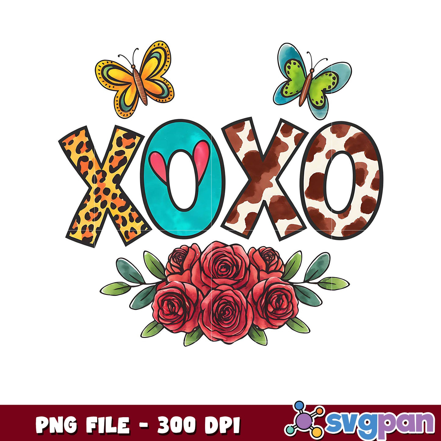 XOXO floral design for crafts, vibrant butterflies included