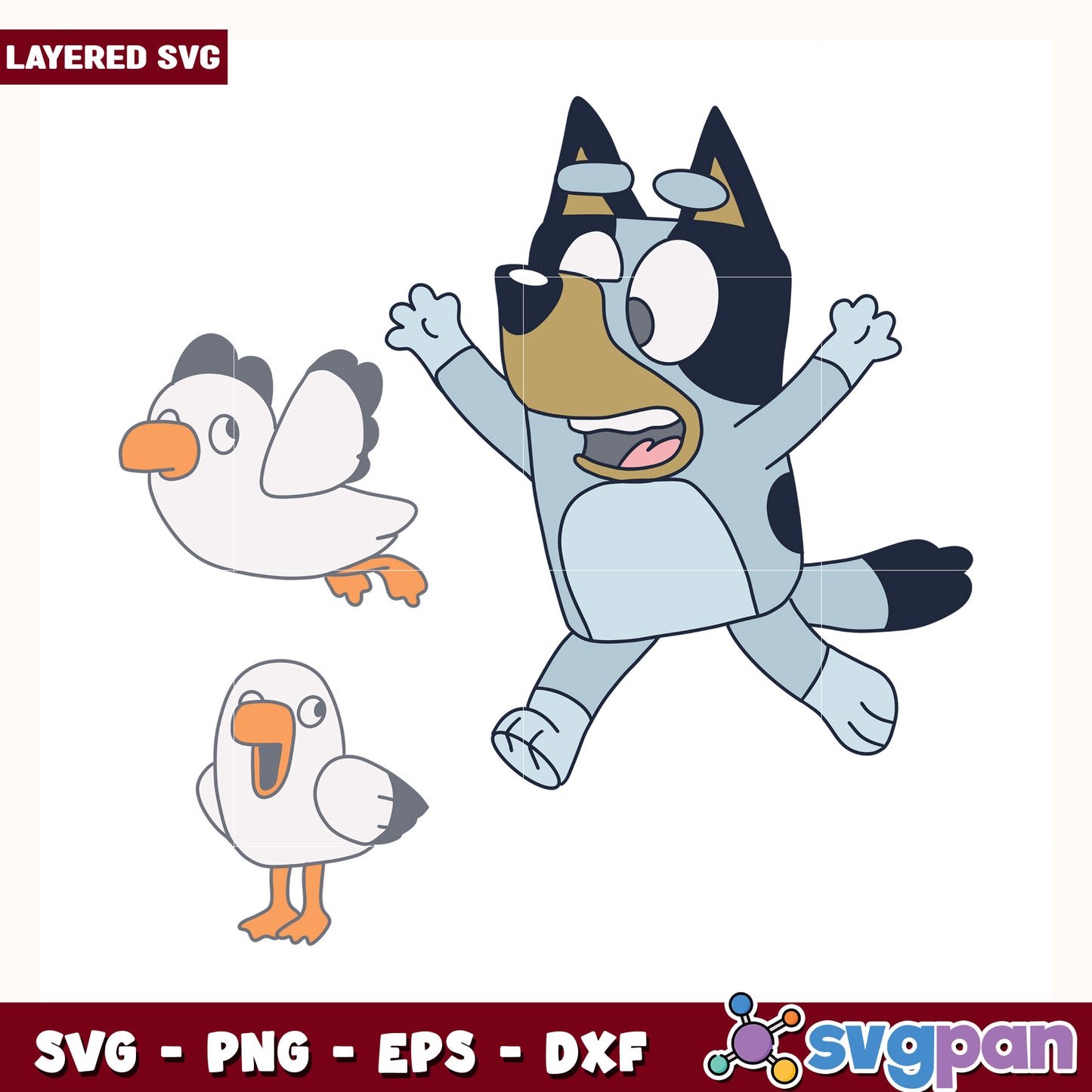 funny bluey character and birds svg, cute dog cartoon svg, bluey and bingo svg