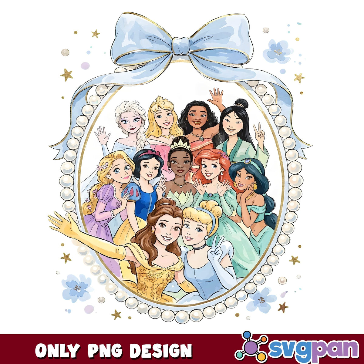 Princess Selfie Pearl Blue Bow PNG, Princess Besties PNG, Pearls PNG