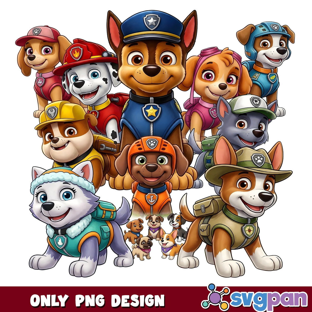 Paw Patrol Pups Team PNG, Chase Skye Marshall Rubble PNG, Everest PNG