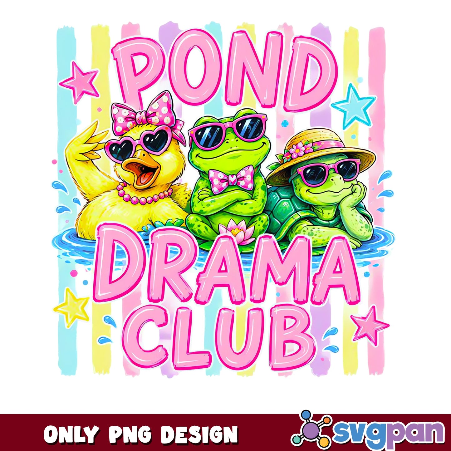 Pond Drama Club PNG, Funny Frog Duck Turtle, Cute Animal PNG