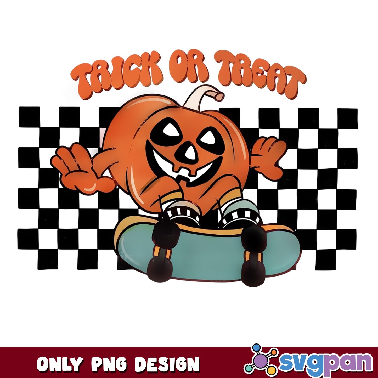 Trick Or Treat Skateboard Pumpkin PNG, Halloween PNG, Retro PNG