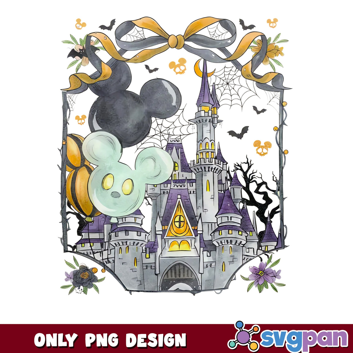 Mickey Mouse Halloween Castle PNG, Ghost Balloon Spooky Disney, Horror