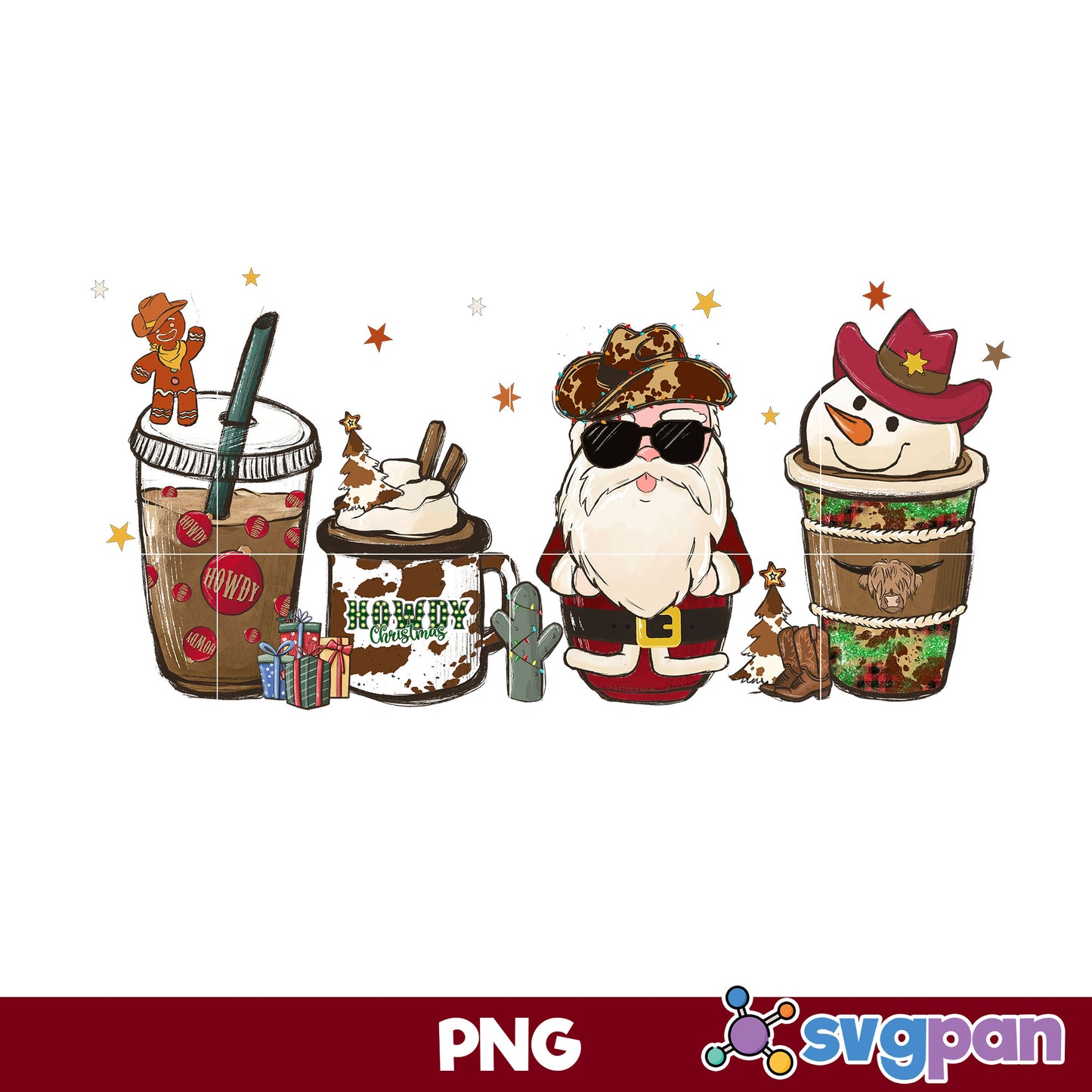 Santa Claus Cowboy Christmas PNG, Snowman Cowboy Christmas Coffee PNG.