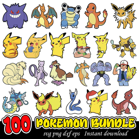 100 Unique Pokemon SVG PNG DXF EPS Bundle Instant Download