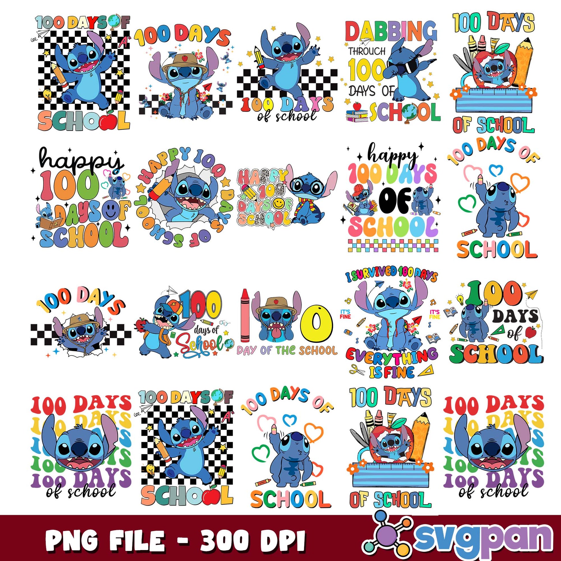 100 days of stitch school png bundle