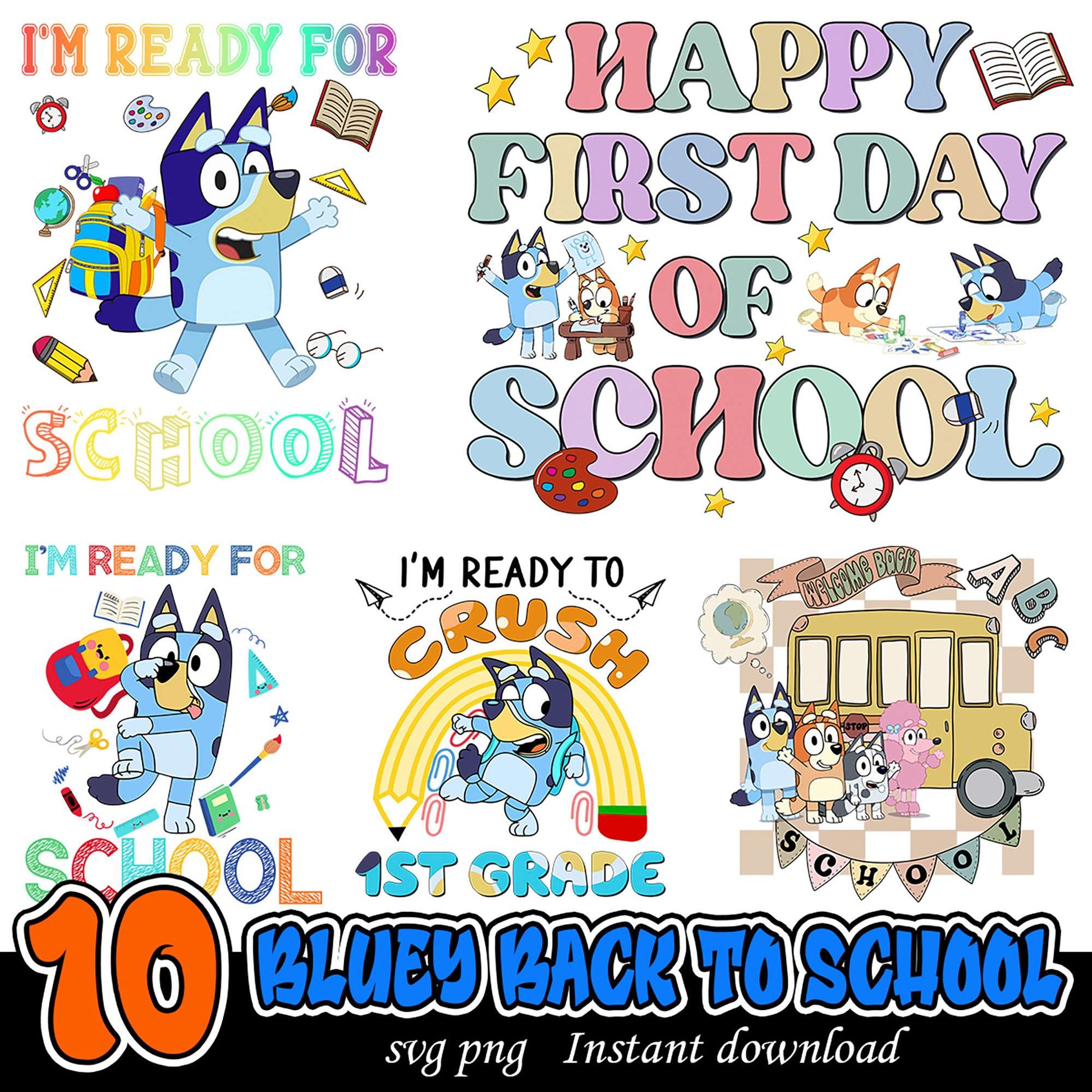 10 Bluey Back to School Bundle PNG Instant Download Designs