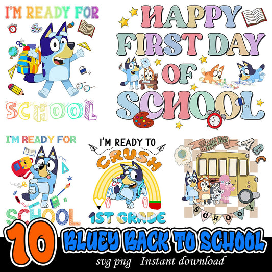 10 Bluey Back to School Bundle PNG Instant Download Designs