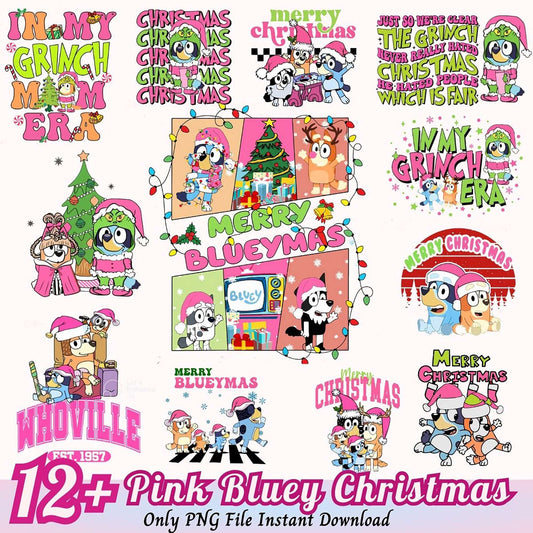 12 Pink Bluey Christmas PNGs Instant Download