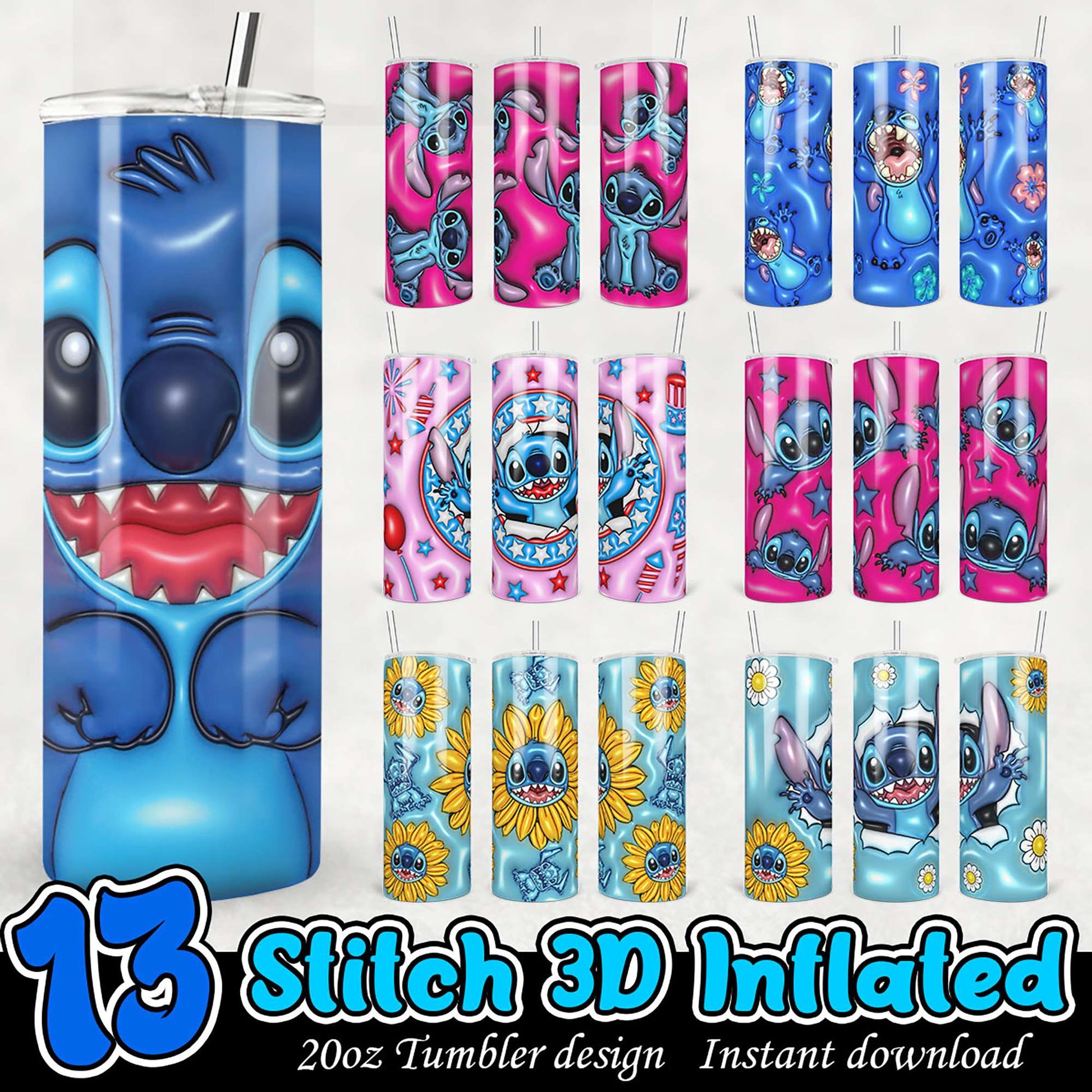 13 Stitch 3D Inflated Tumbler Designs PNG