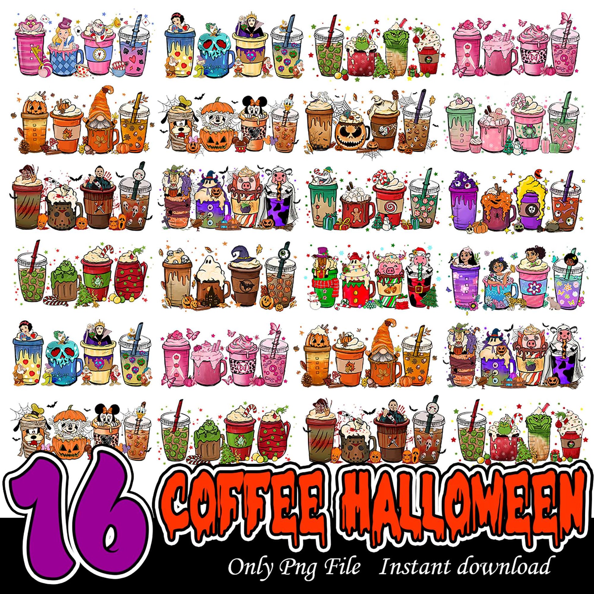 16 Halloween Coffee PNG Bundle Cute Fun Designs Download