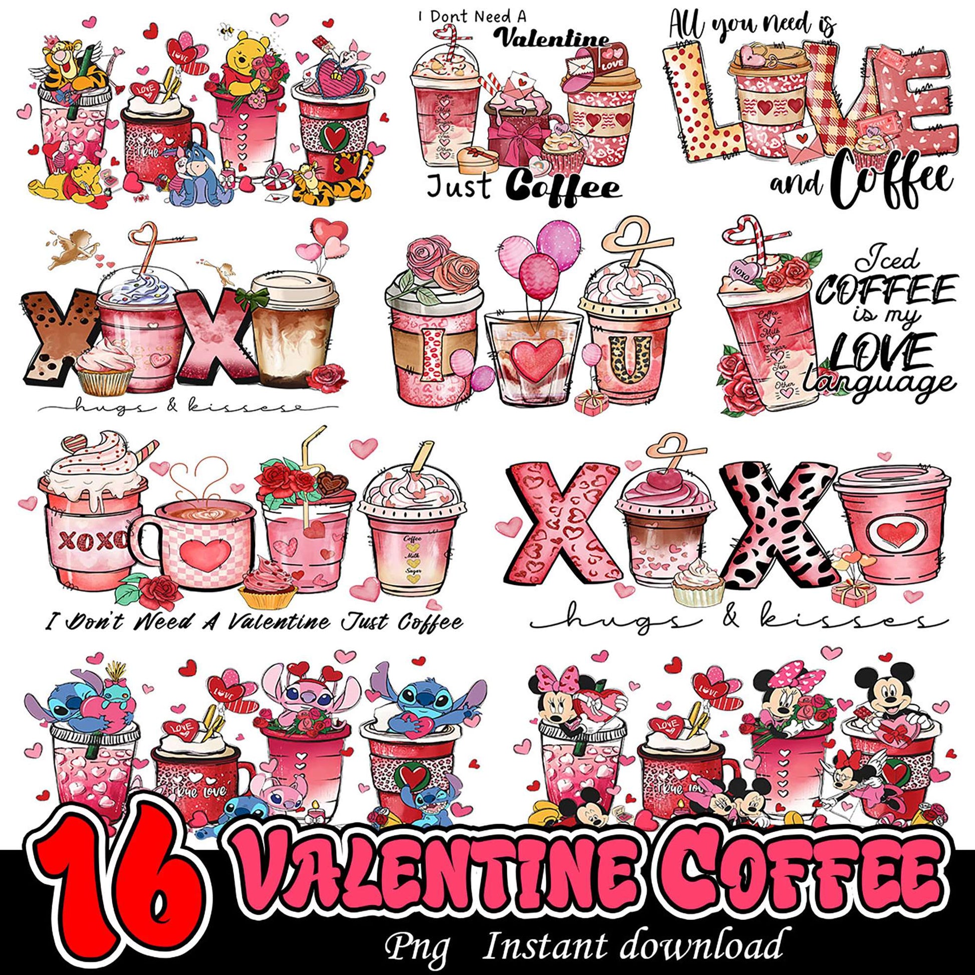 16 Valentine Coffee PNGs Instant Download