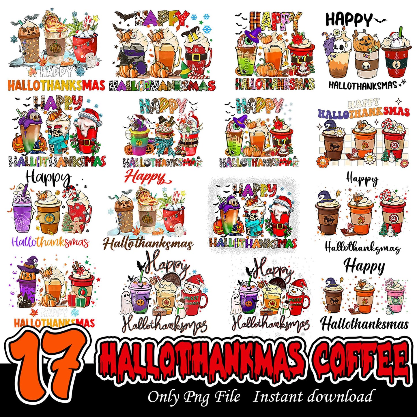 17 Fun Hallothankmas Coffee PNG Bundle Instant Download