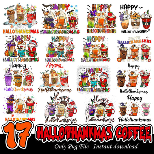 17 Fun Hallothankmas Coffee PNG Bundle Instant Download