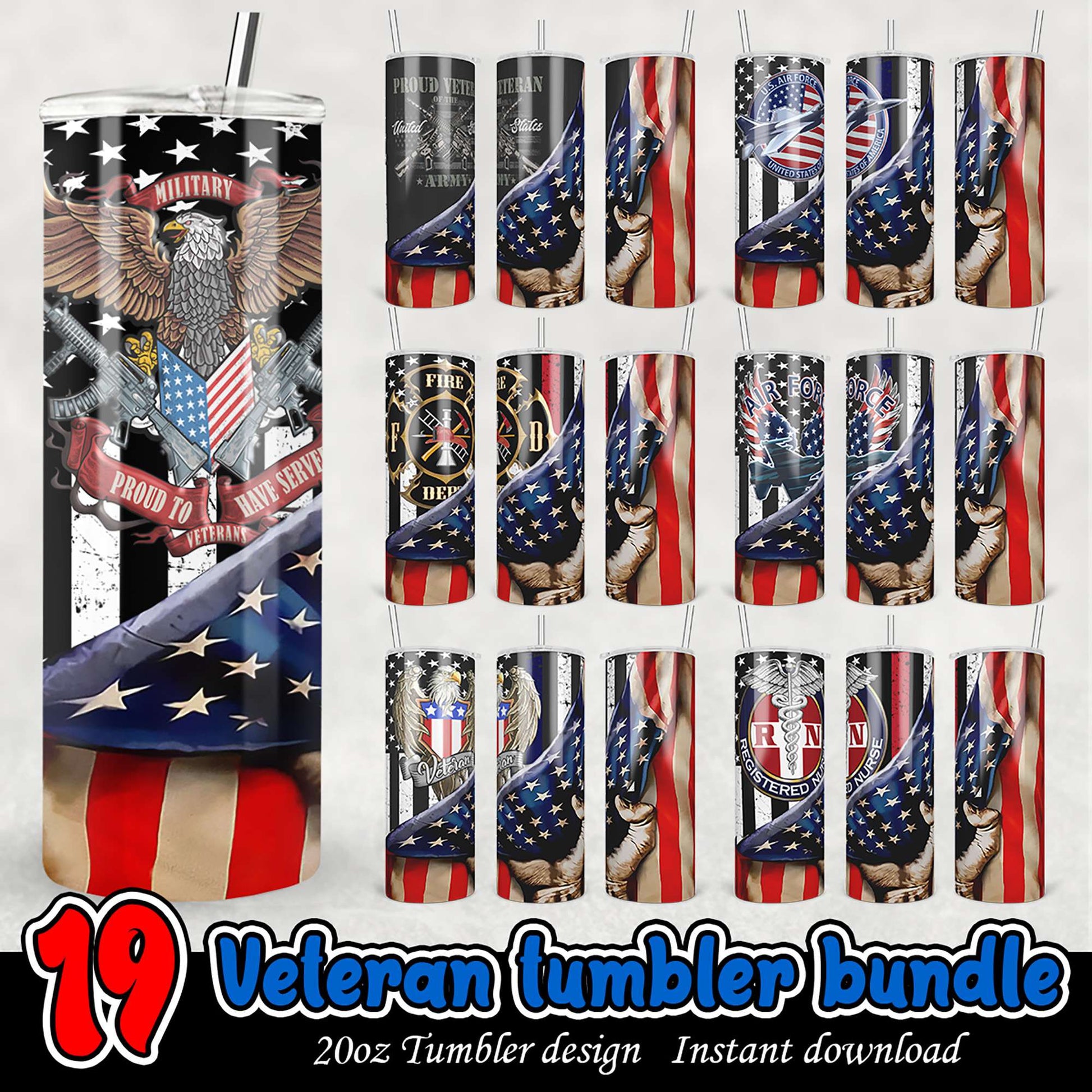 19 Veteran Tumbler Designs PNG Bundle