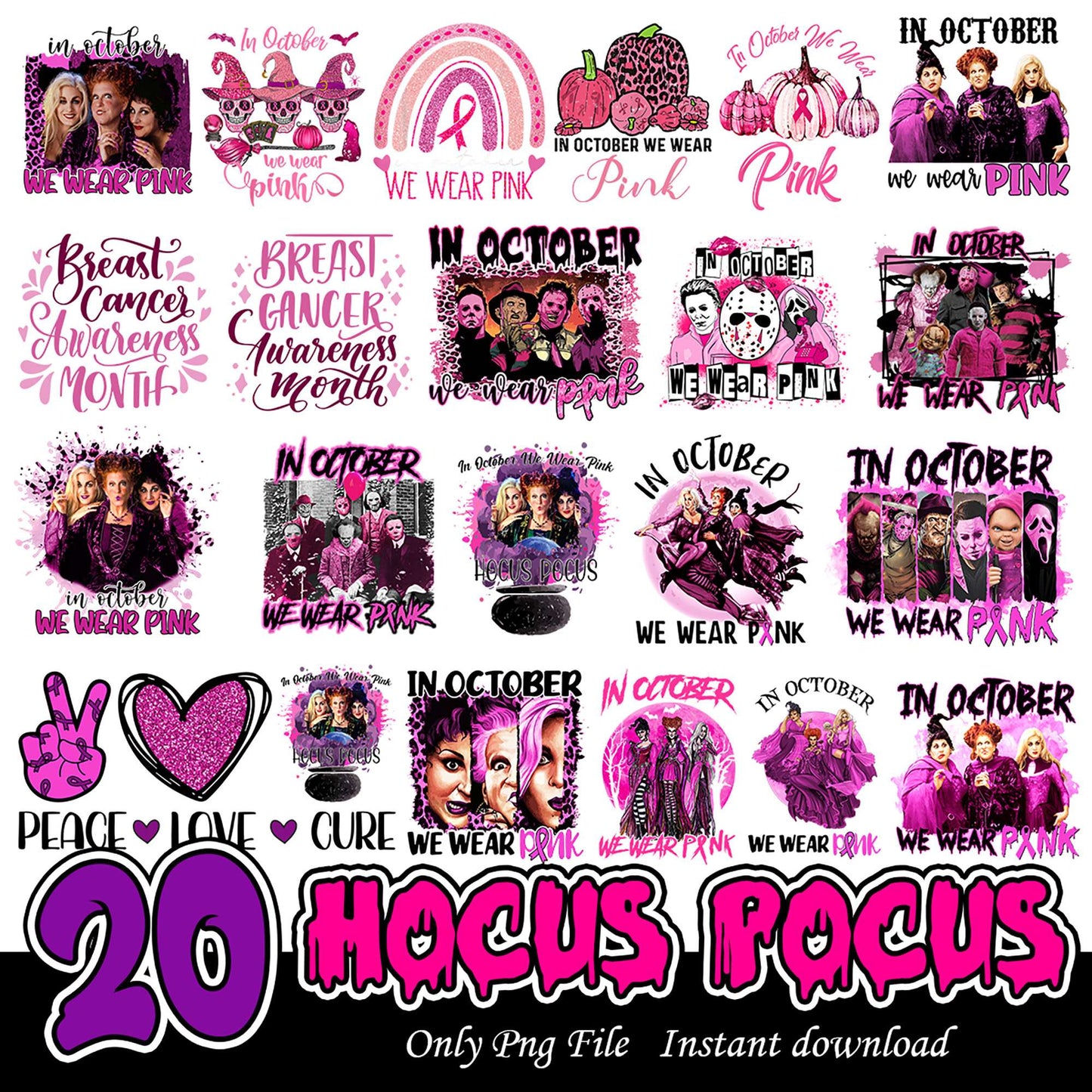 20 Hocus Pocus Pink Awareness Month Bundle PNG Files