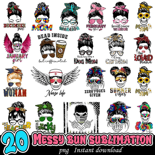 20 Messy Bun Sublimation PNG Designs
