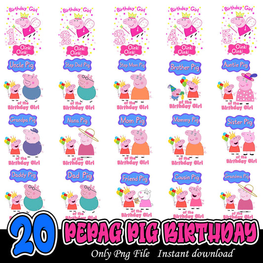 20 Peppa Pig Birthday Bundle PNG Instant Download Files