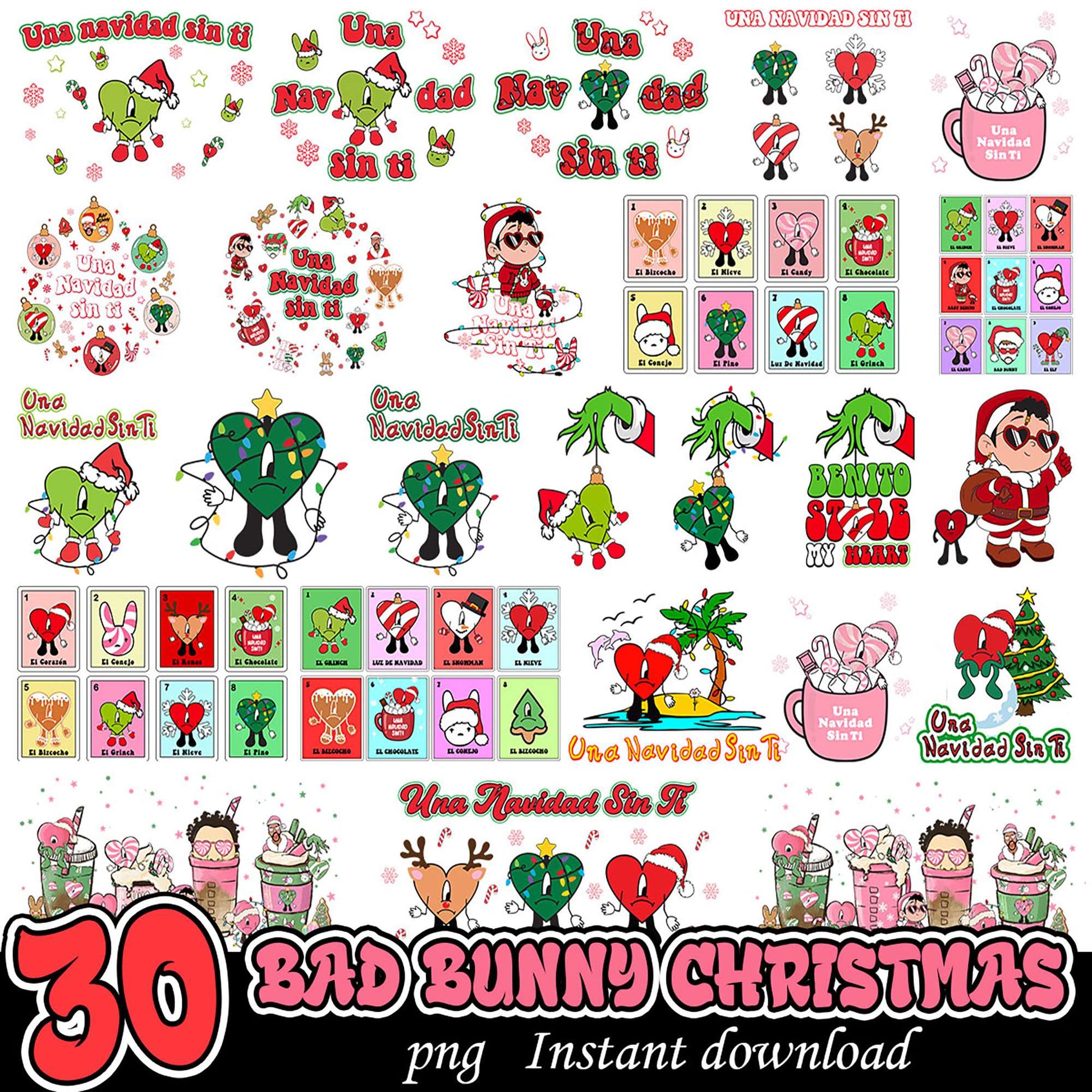 30 Bad Bunny Christmas PNGs Instant Download