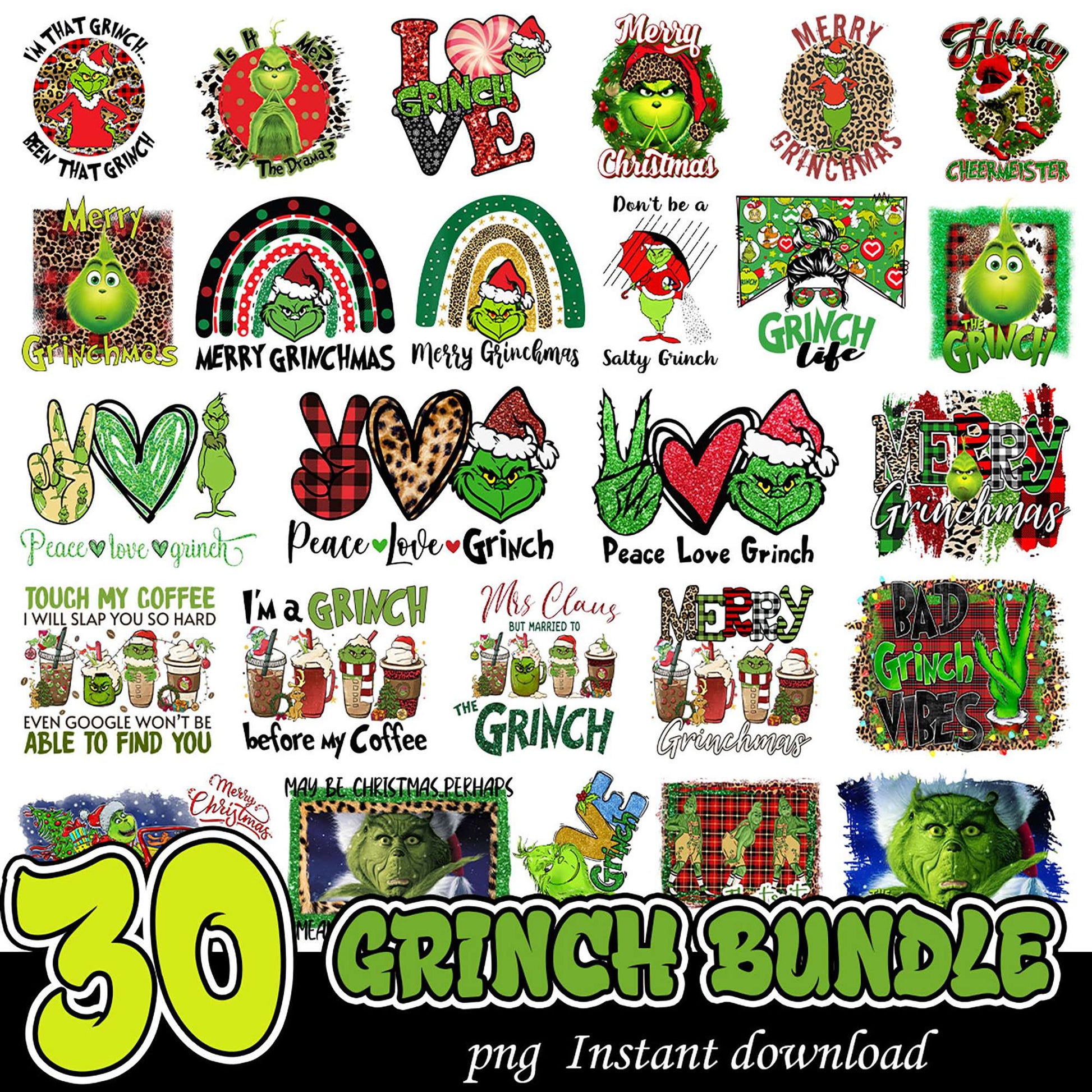30 Grinch PNG Designs Bundle Instant Download