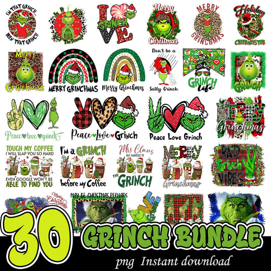 30 Grinch PNG Designs Bundle Instant Download