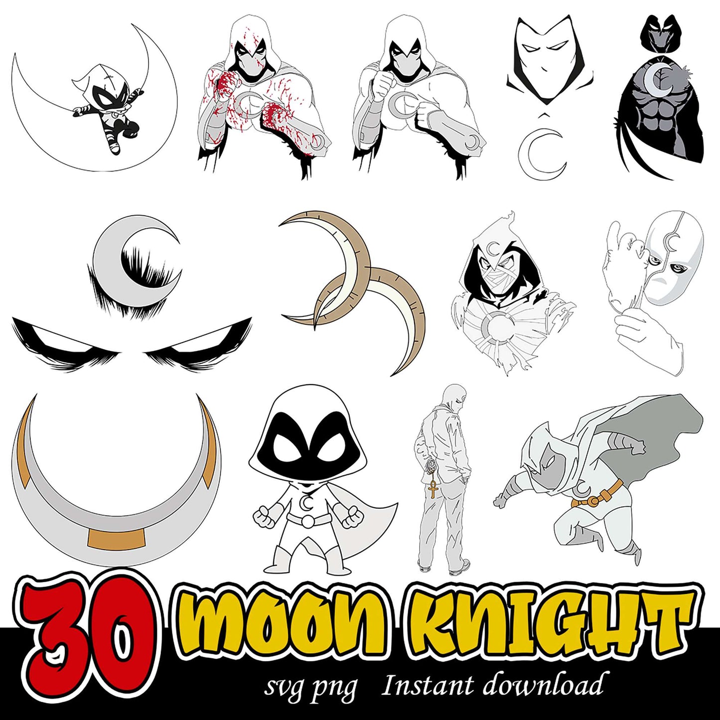 30 Moon Knight SVG Bundle for Instant Download Designs