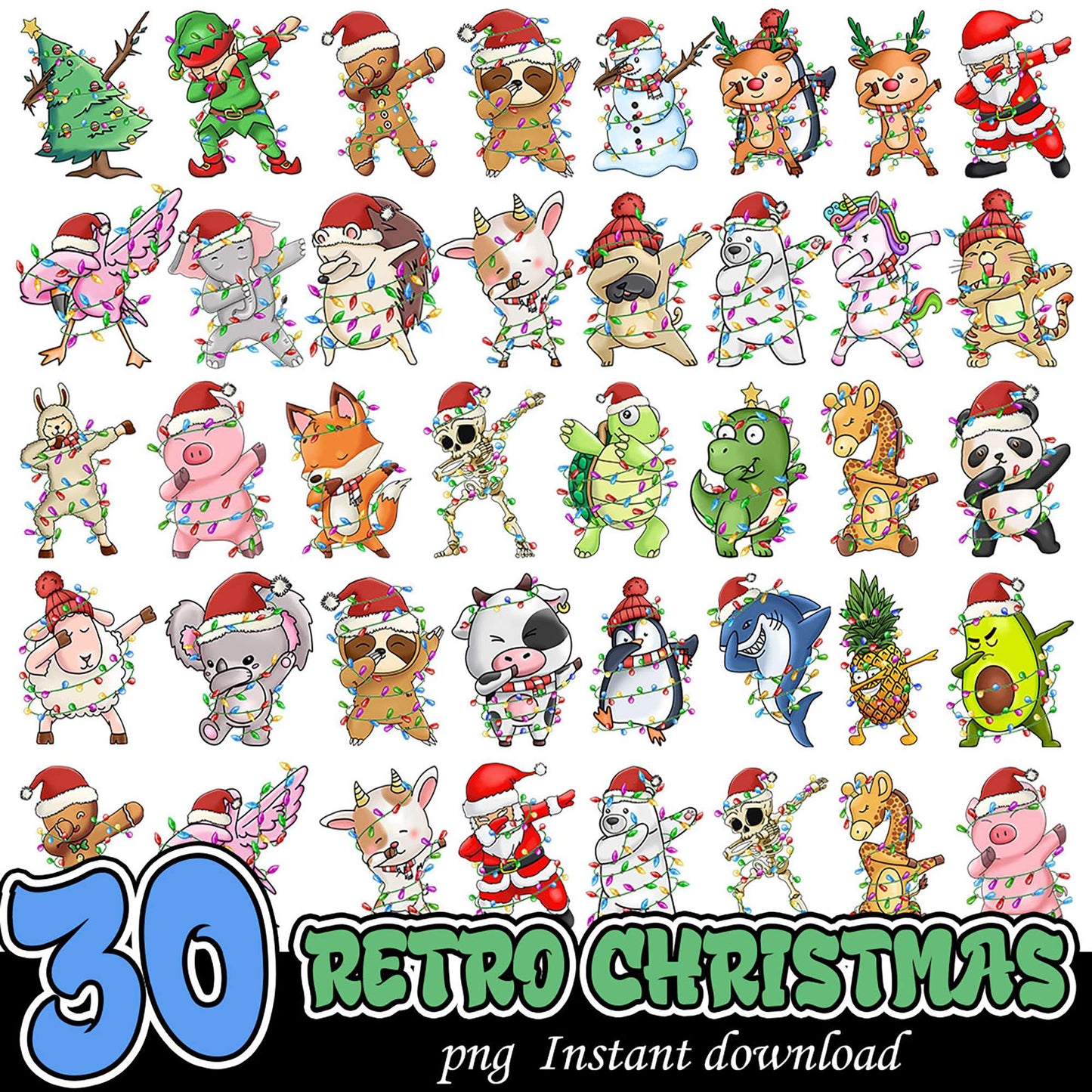 30 Retro Christmas PNGs Instant Download