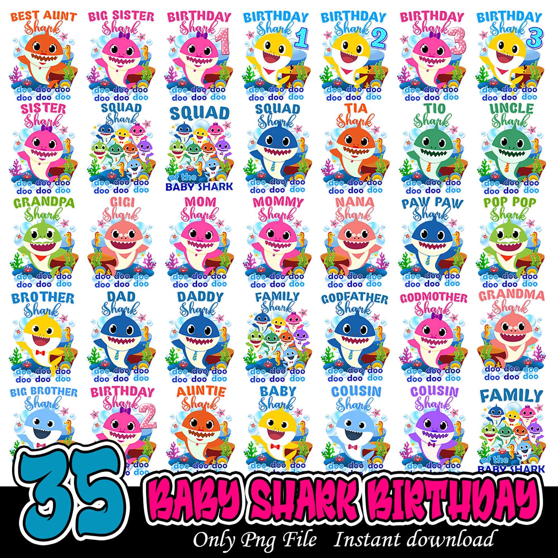 35 Baby Shark Birthday Bundle PNG Instant Download Designs