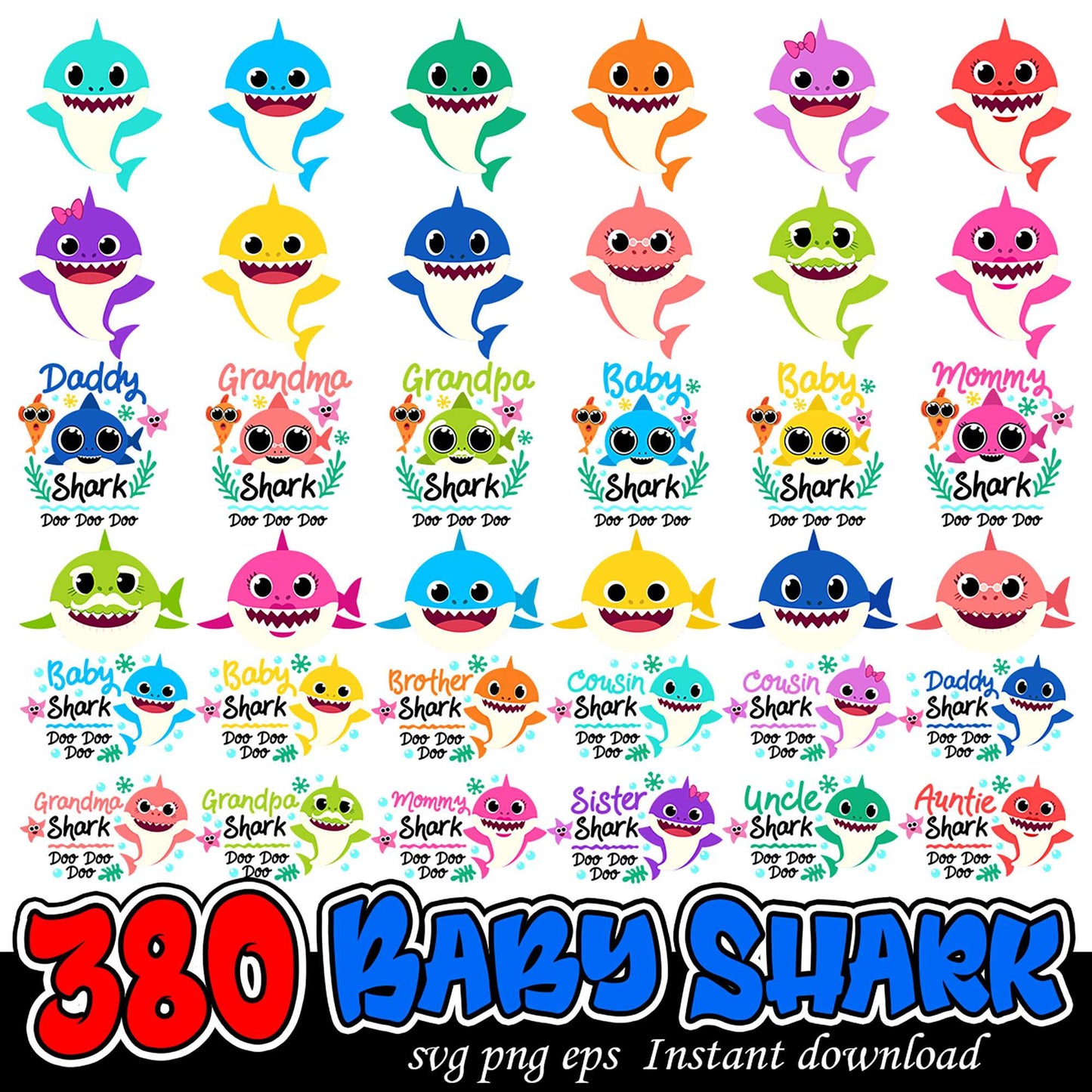 380 Baby Shark Family Bundle SVG PNG EPS Instant Download