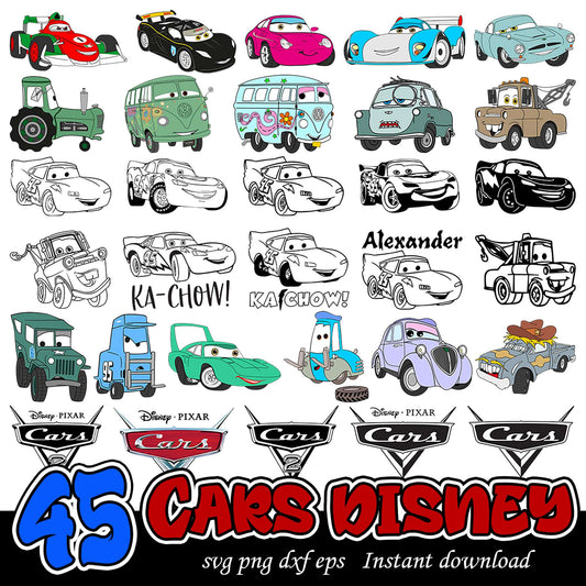 45 Disney Cars Bundle SVG for Instant Download Graphics