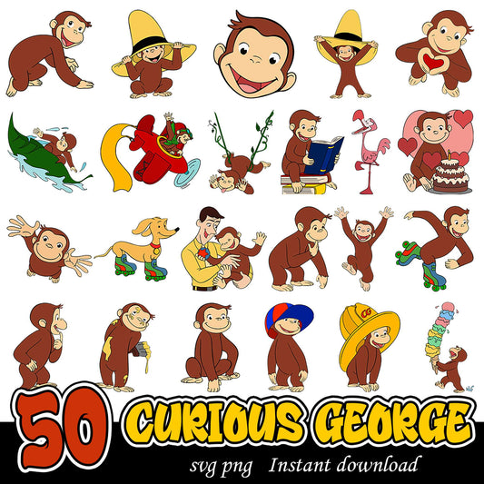50 Curious George SVG PNG Bundle for Instant Download