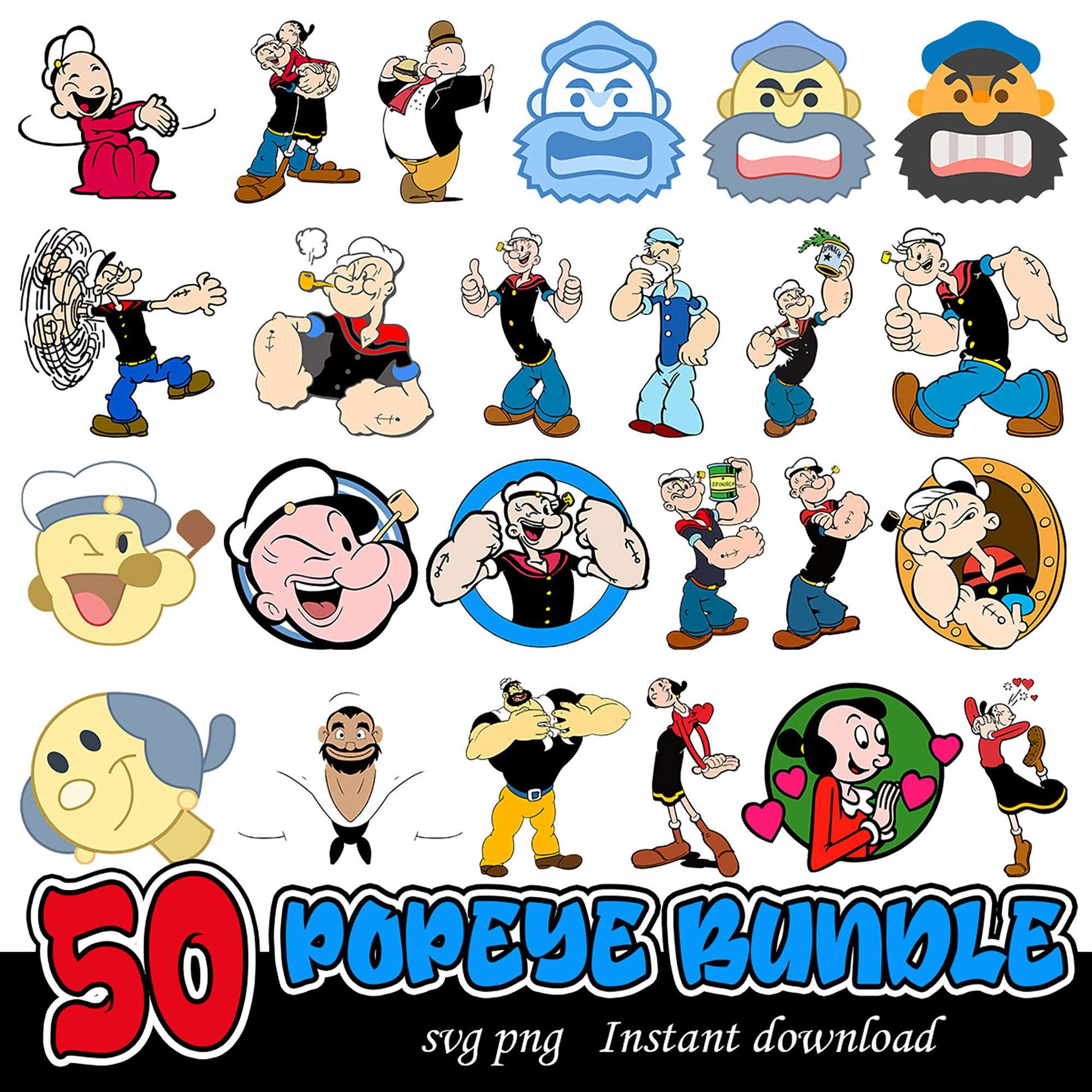 50 Popeye SVG PNG Bundle Instant Download for Creatives