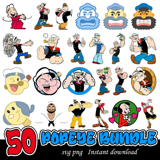 50 Popeye SVG PNG Bundle Instant Download for Creatives