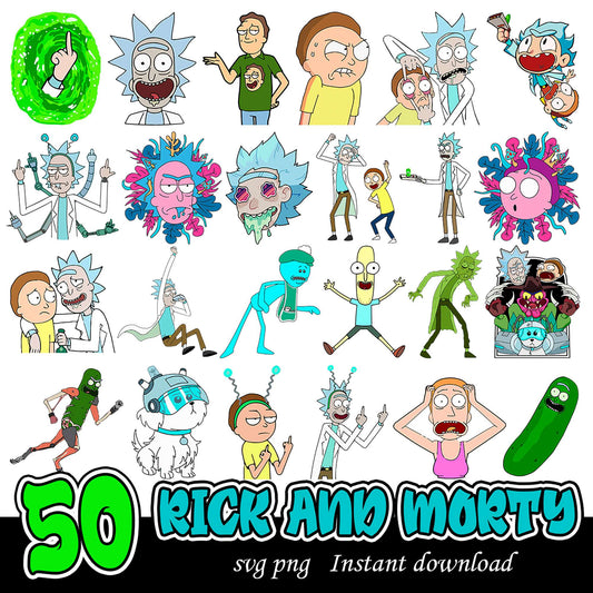 50 Unique Rick and Morty SVG PNG Bundle for Instant Download