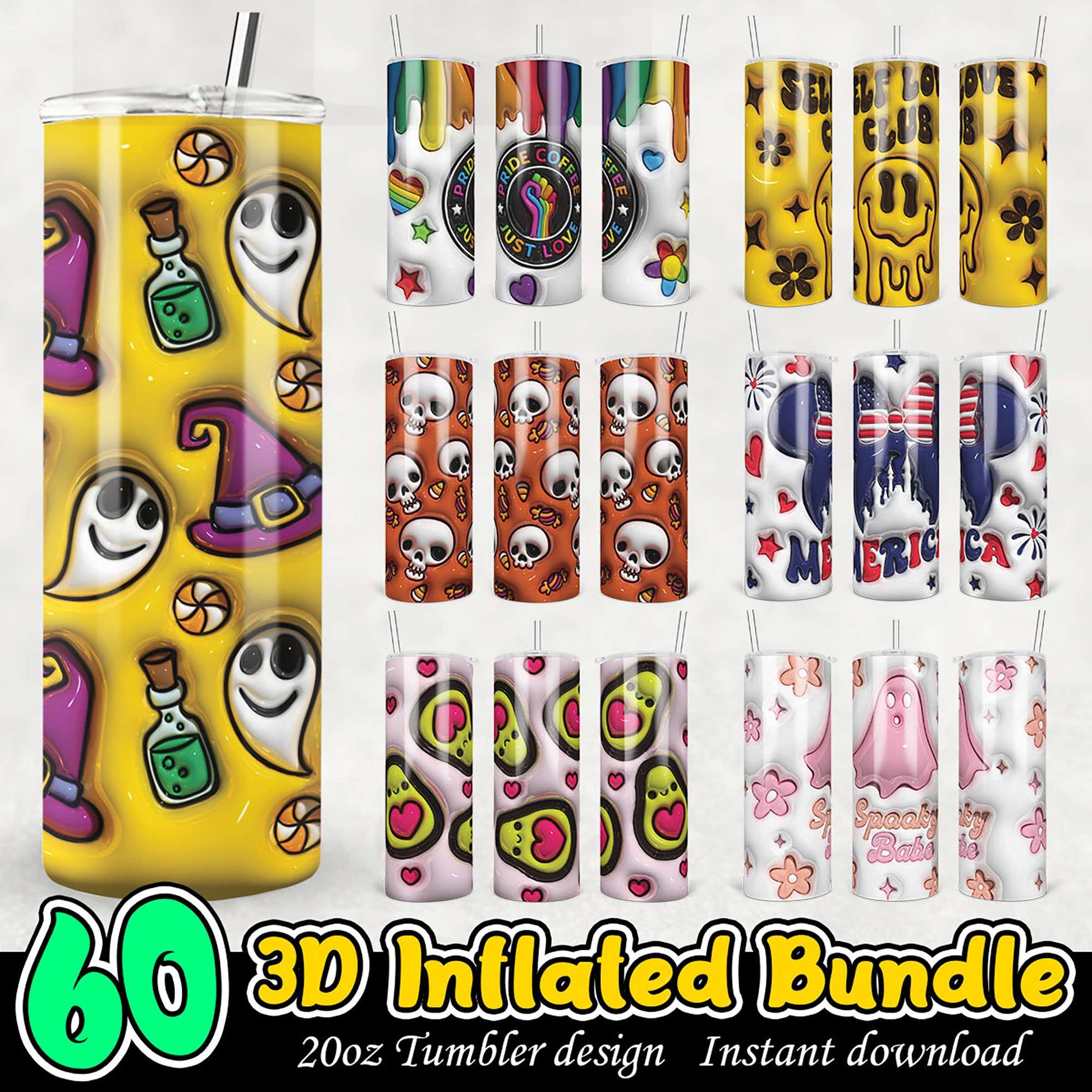 60 3D Inflated Tumbler Designs Bundle