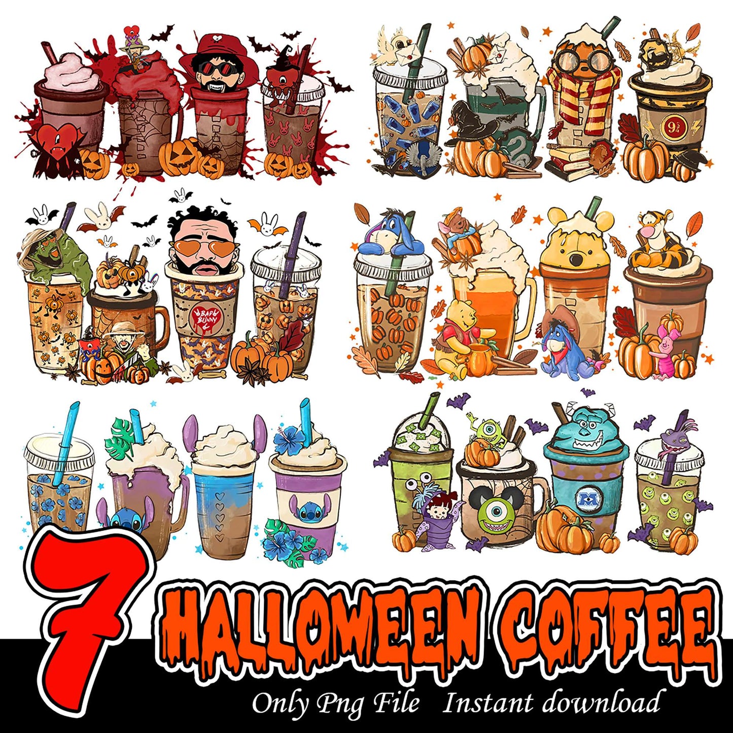 7 Halloween Coffee PNG Bundle