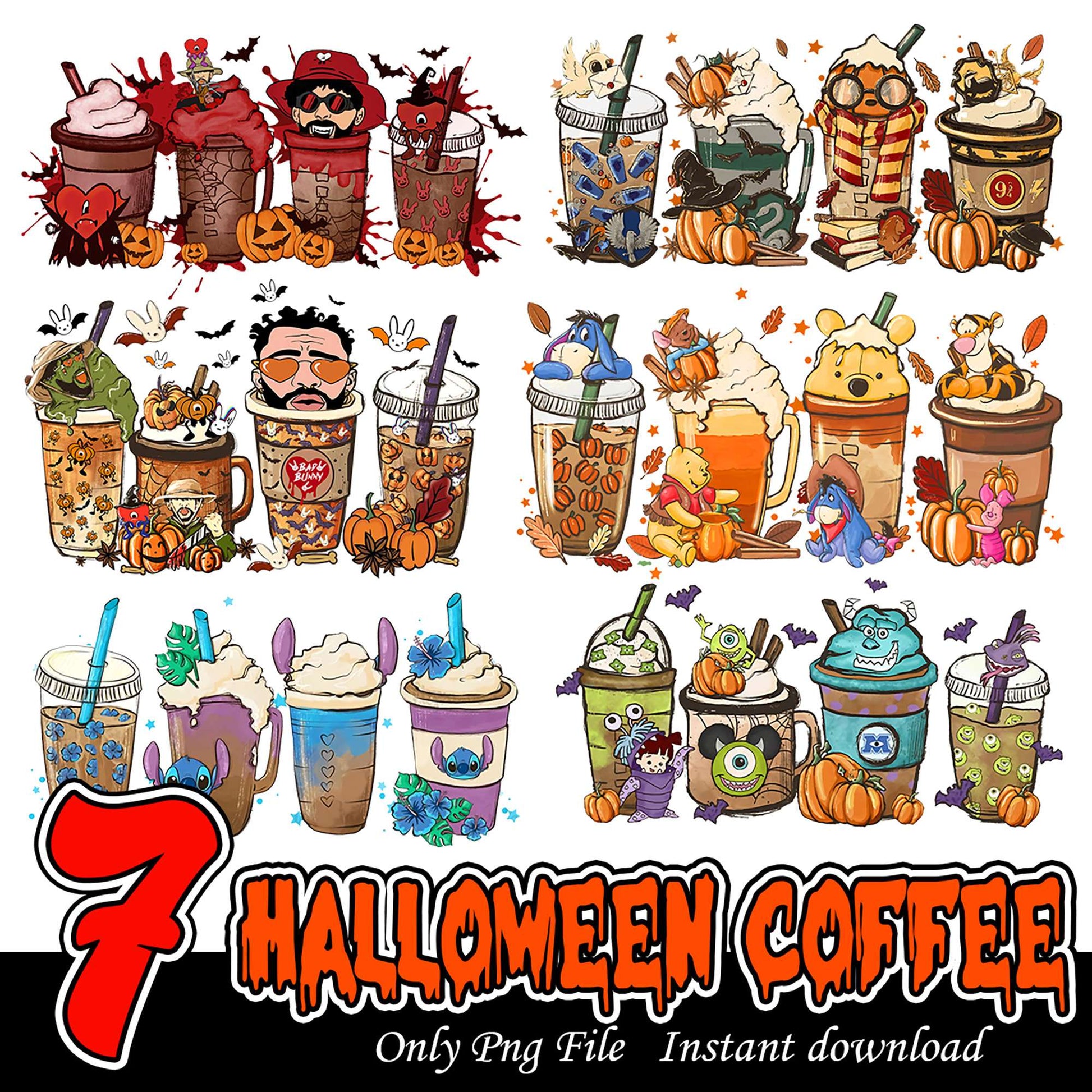 7 Halloween Coffee PNG Bundle