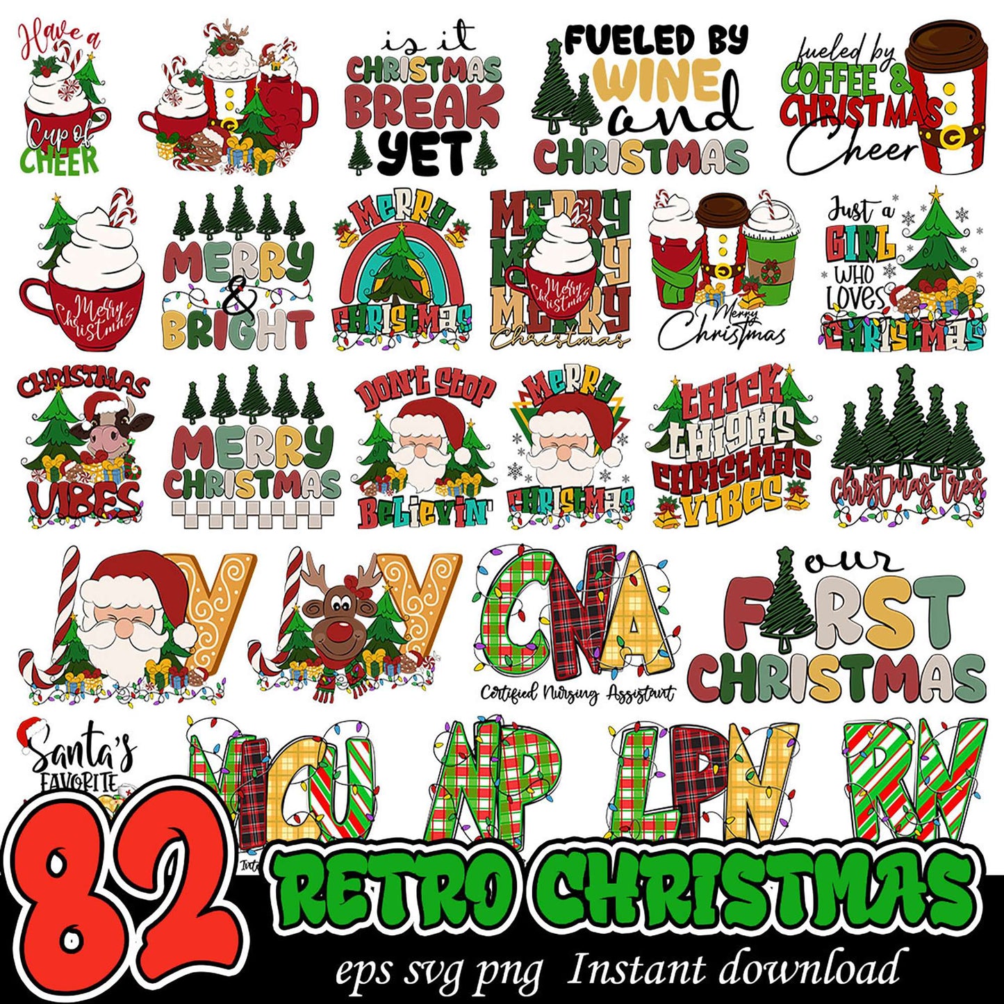 82 Retro Christmas PNG SVG Bundle