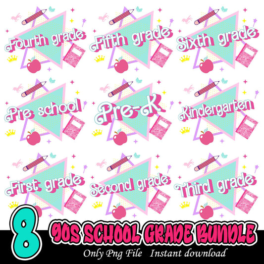 90s School Grade Bundle Eight Colorful PNG Designs Instant Download