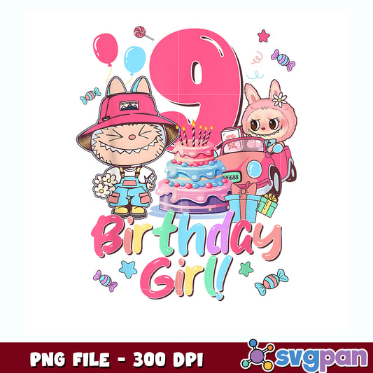 9th birthday girl labubu png, labubu birthday png, cute labubu png